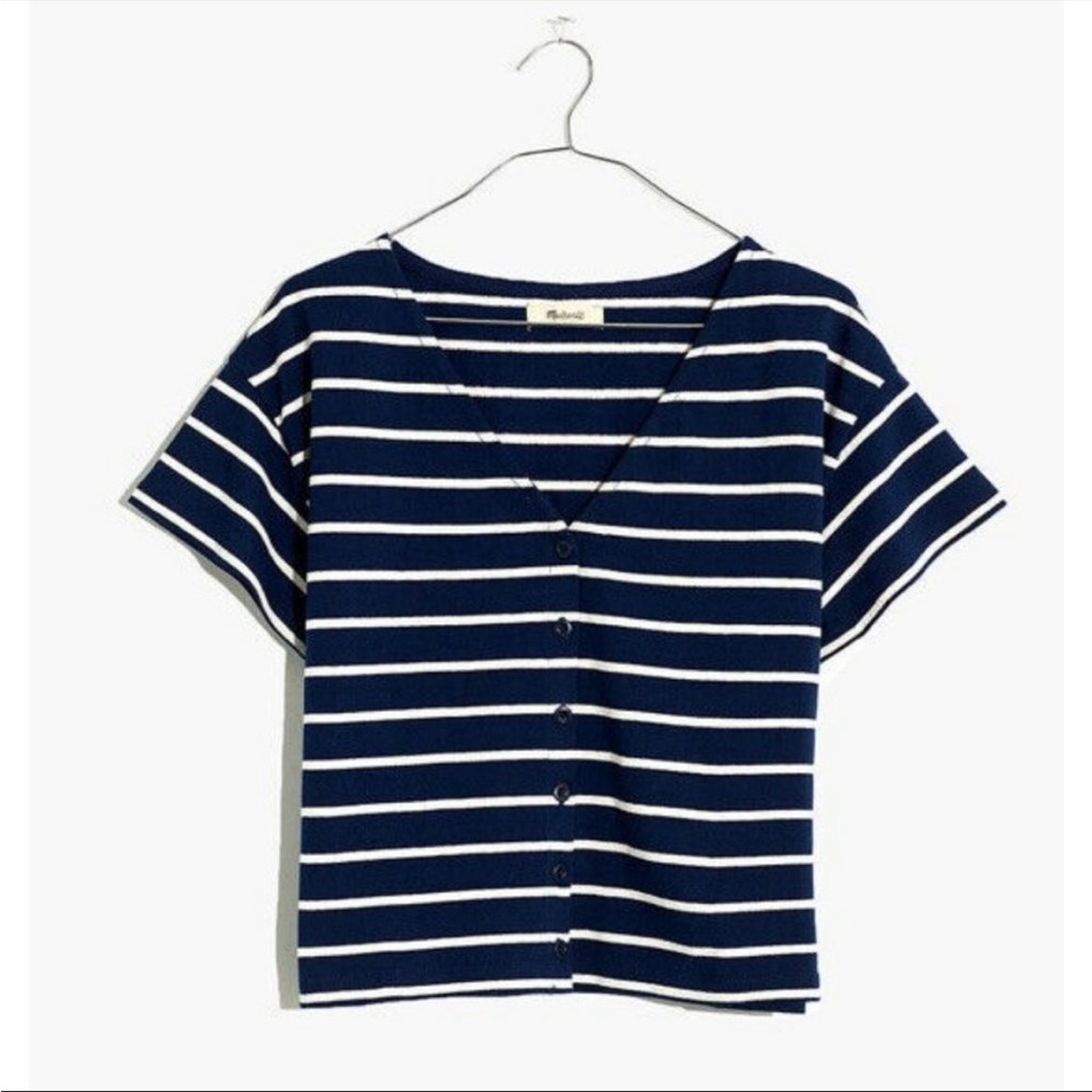 Madewell Shirt Womens XL Crop Boxy Tee Blue Stripe Button Down V Neck